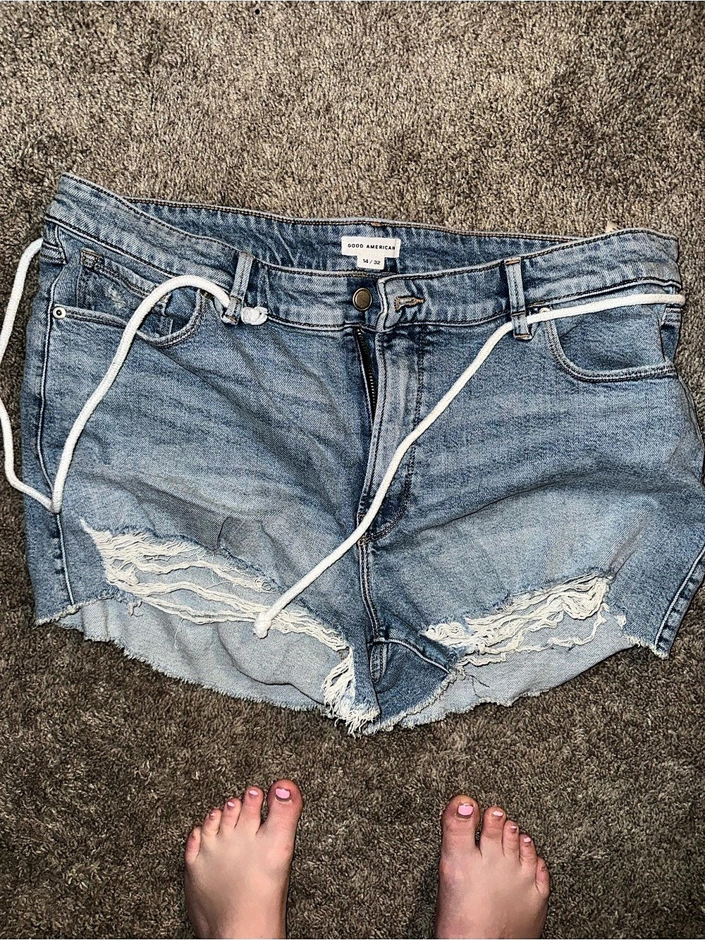Good American Distressed Denim Jean Shorts in Blue Waist 32